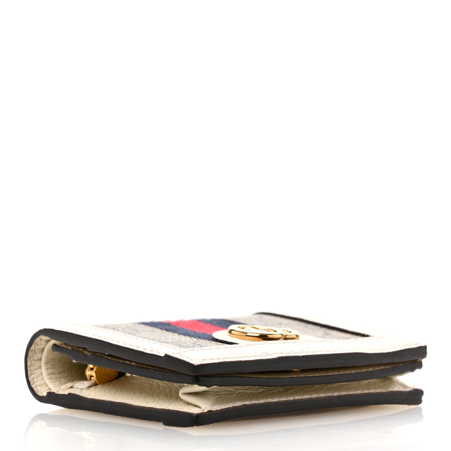 GG Supreme Monogram Textured Dollar Calfskin Web Ophidia Card Case Beige Ebony Mystic White