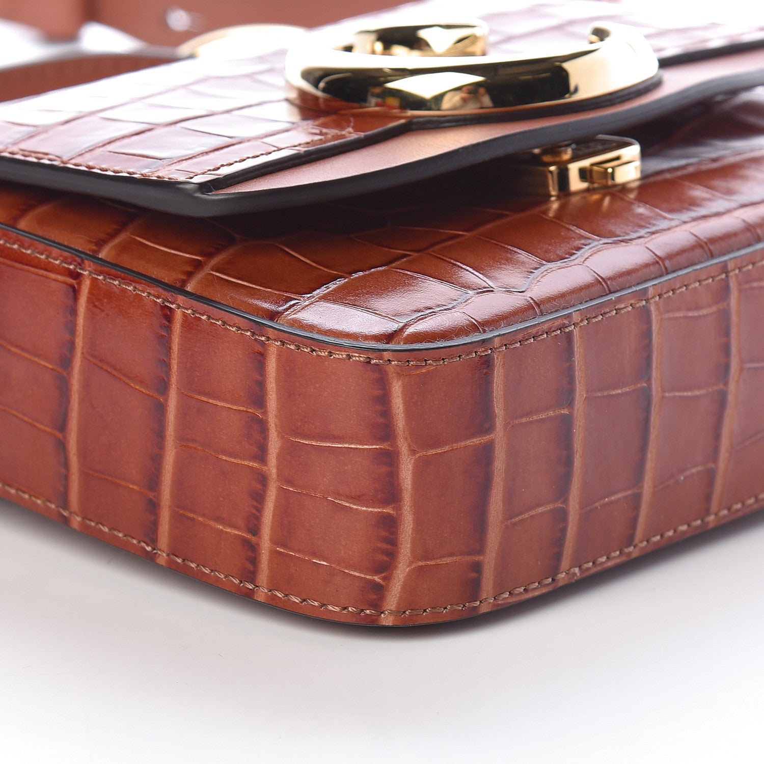Chloe Calfskin Crocodile Embossed Mini C Double Carry Chestnut Brown 8 of 9