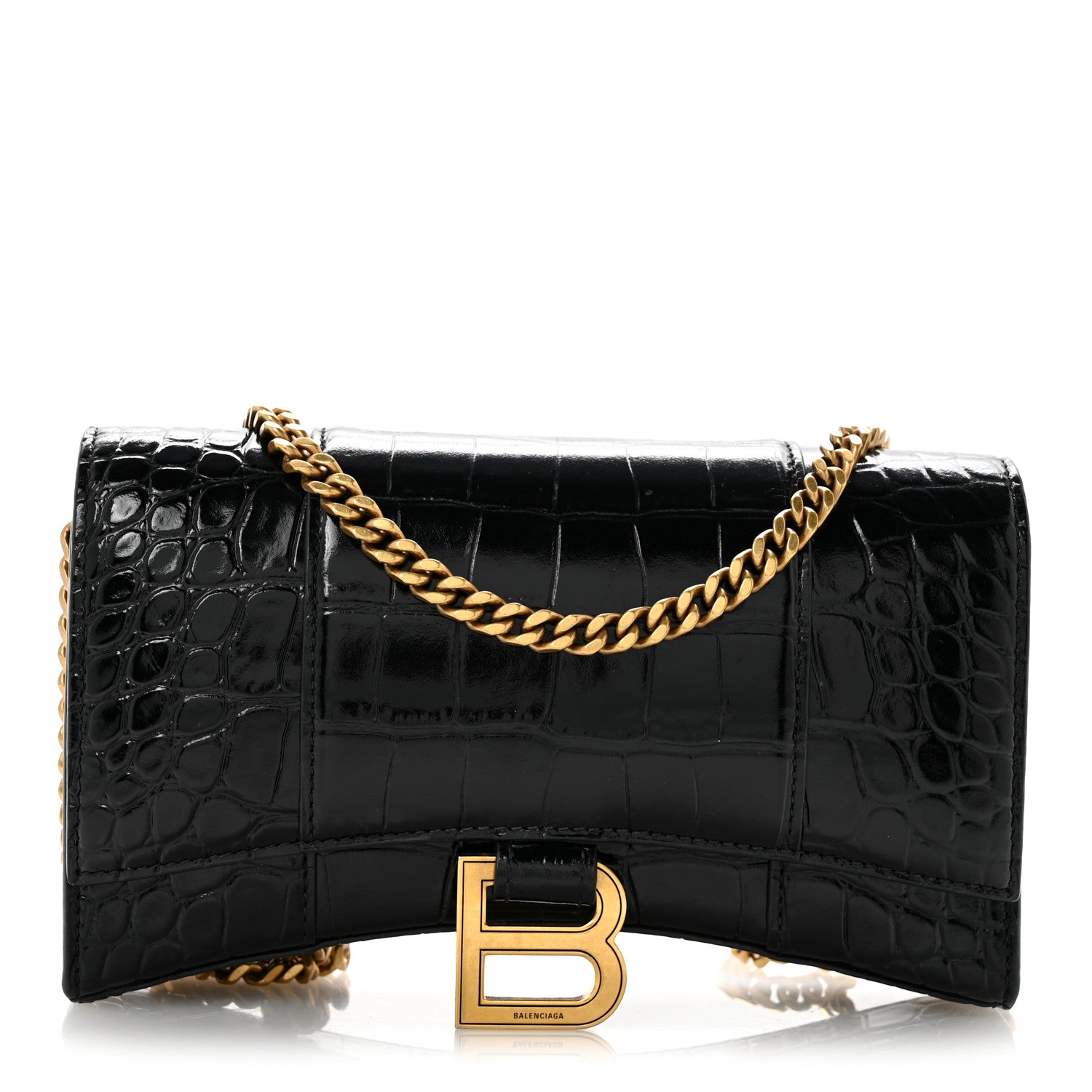 Balenciaga Shiny Calfskin Crocodile Embossed Hourglass Chain Bag Black 1 of 13