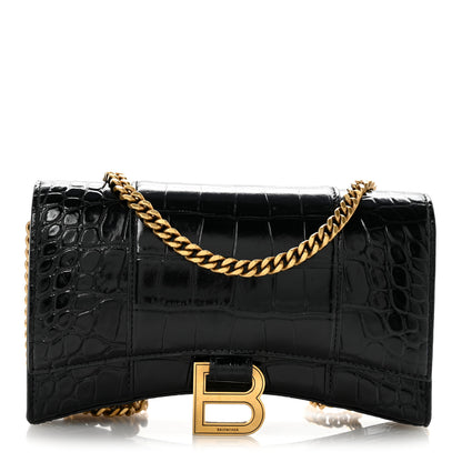 Balenciaga Shiny Calfskin Crocodile Embossed Hourglass Chain Bag Black 1 of 13
