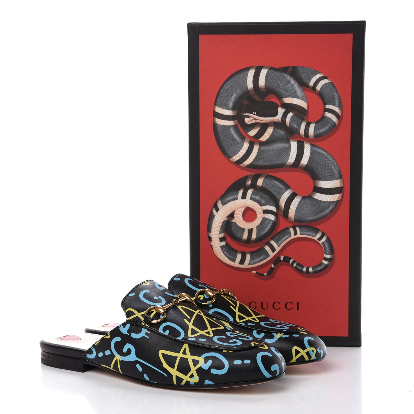 Calfskin GucciGhost Print Womens Princetown Slippers 38 Black New Acquamarine