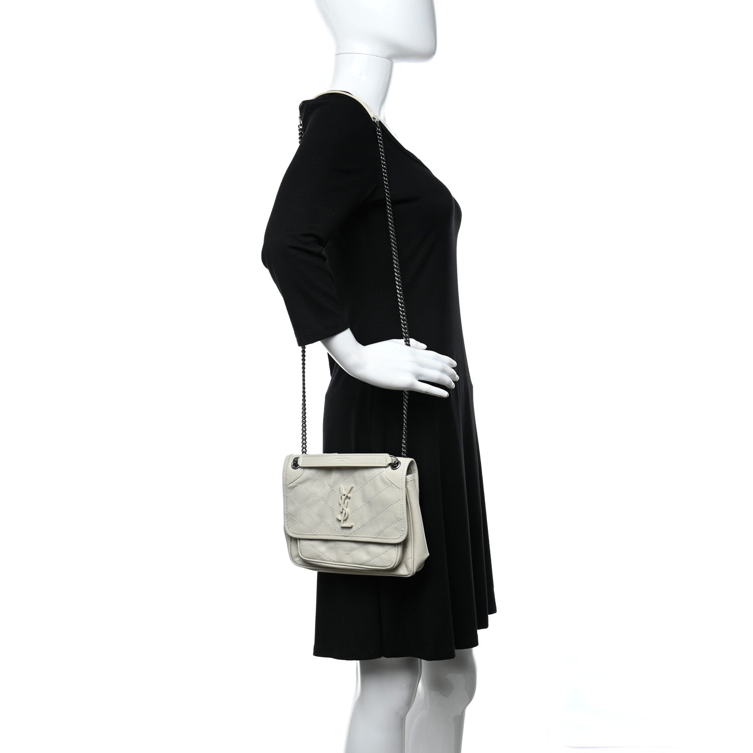 Saint Laurent Crinkled Calfskin Matelasse Monogram Baby Niki Chain Satchel Blanc Vintage 2 of 10