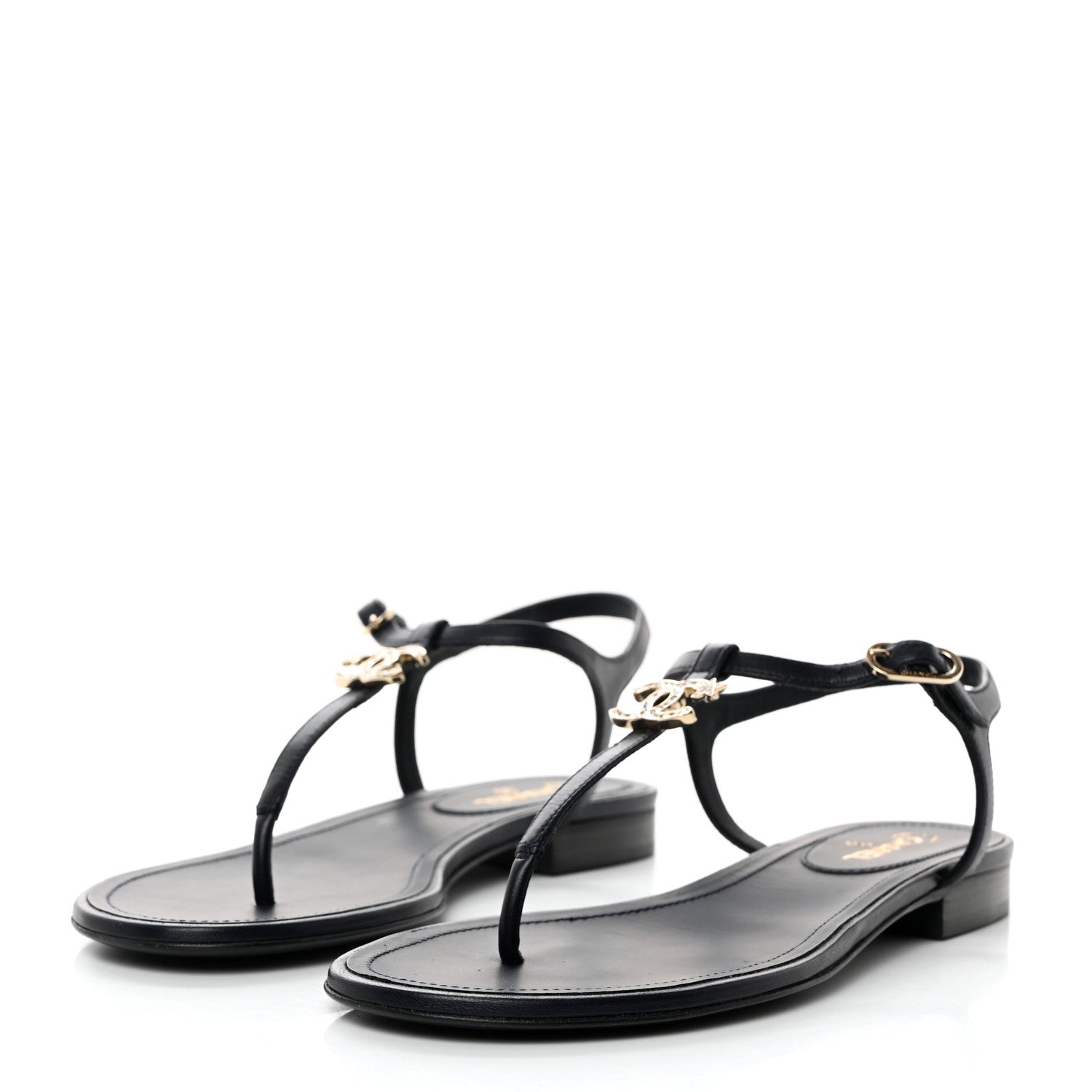 Chanel Lambskin Crystal CC Thong Sandals 37 Navy Blue 3 of 8