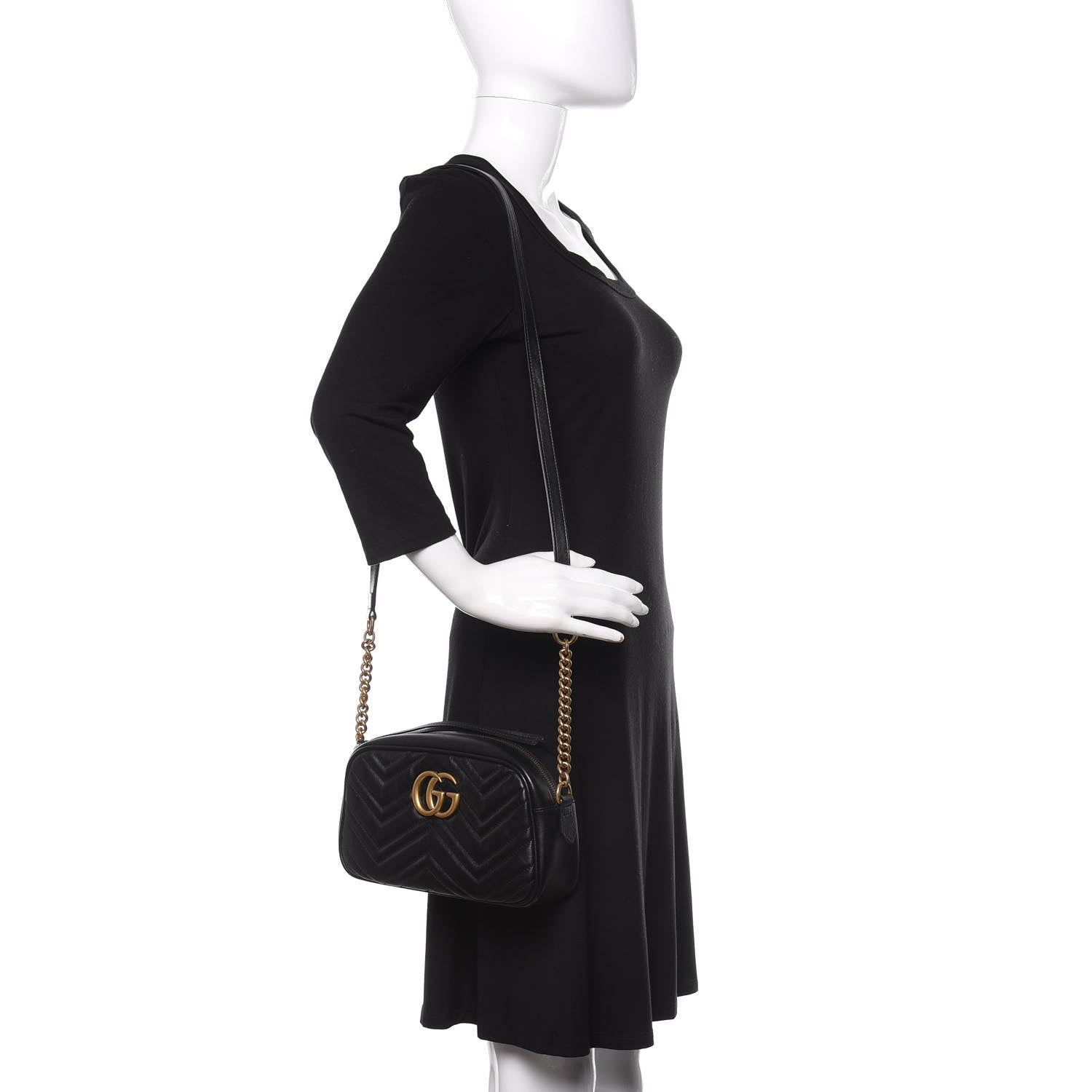 Gucci Calfskin Matelasse Small GG Marmont Chain Shoulder Bag Black 2 of 11