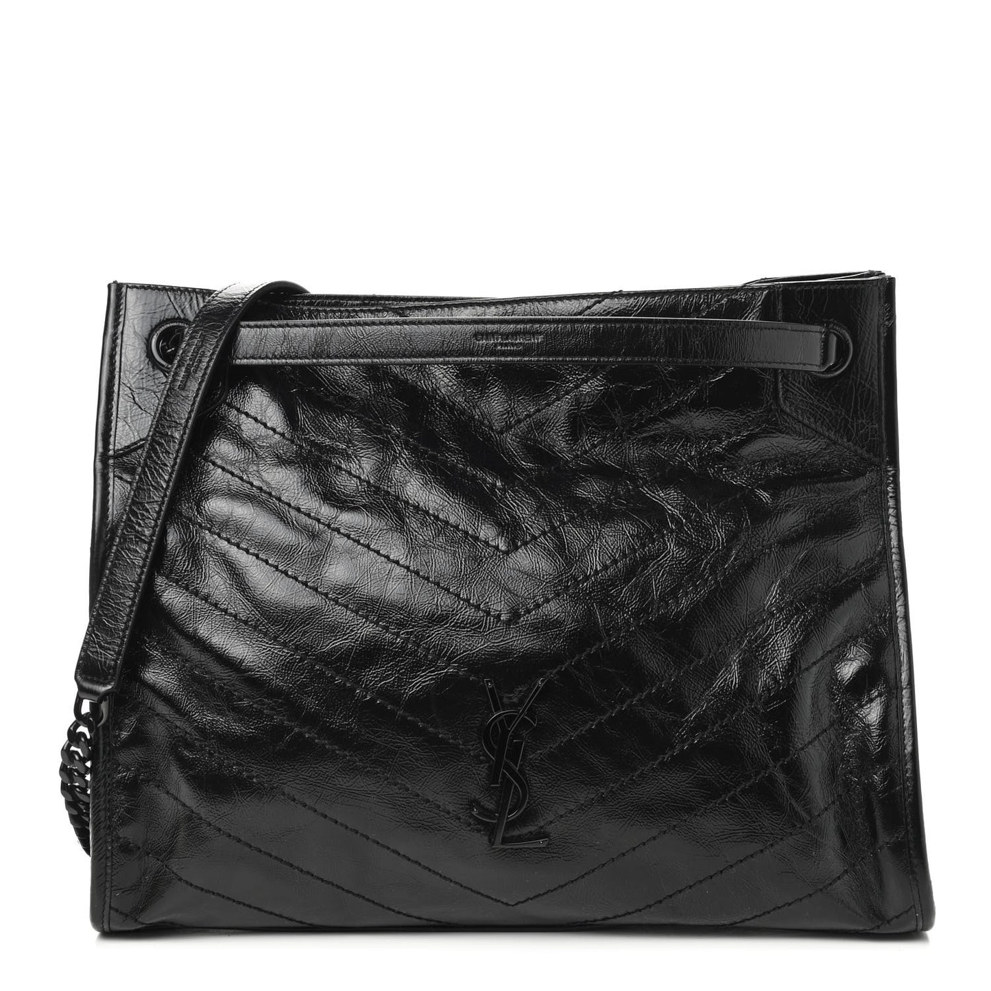 Crinkled Calfskin Matelasse Monogram Medium Niki Shopper Tote Black