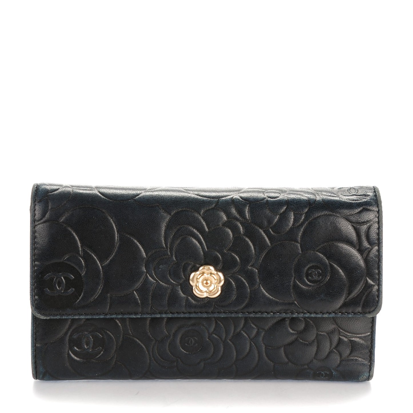 Lambskin Embossed Camellia Flap Wallet Black