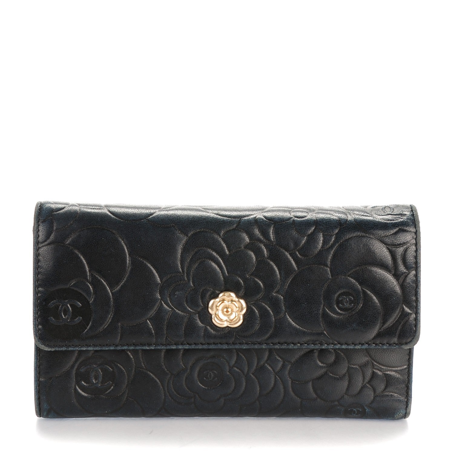 Chanel Lambskin Embossed Camellia Flap Wallet Black 1 of 8
