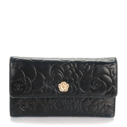 Chanel Lambskin Embossed Camellia Flap Wallet Black 1 of 8