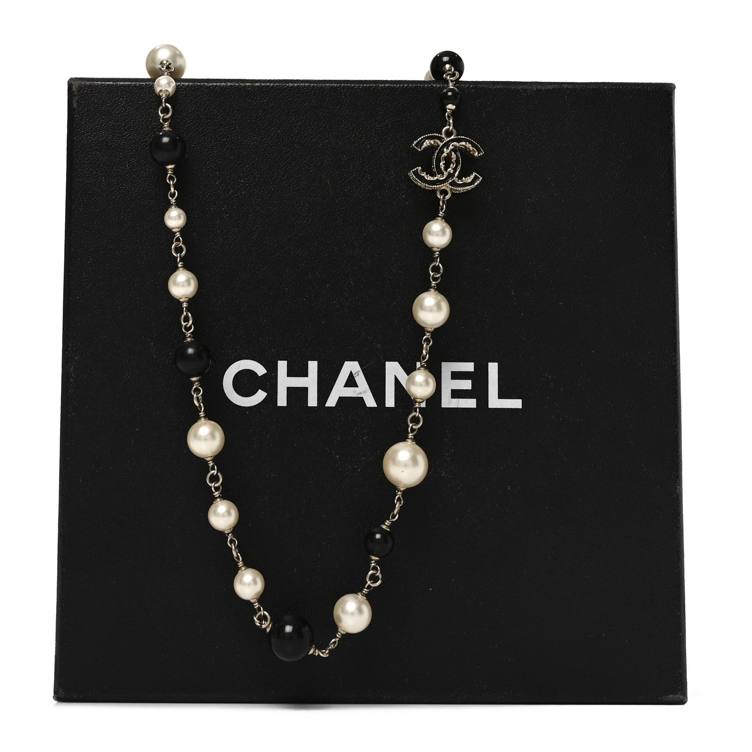 Chanel Pearl Enamel Beaded CC Baroque Long Necklace Black White Gold 5 of 5
