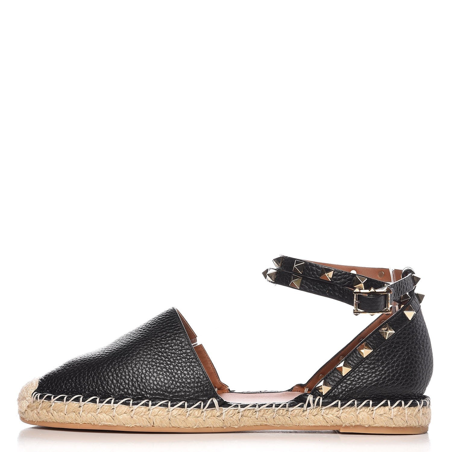 Valentino Garavani Grained Calfskin Rockstud Ankle Wrap Espadrille 20mm Flats 41 Black Light Cuir Natural 1 of 13
