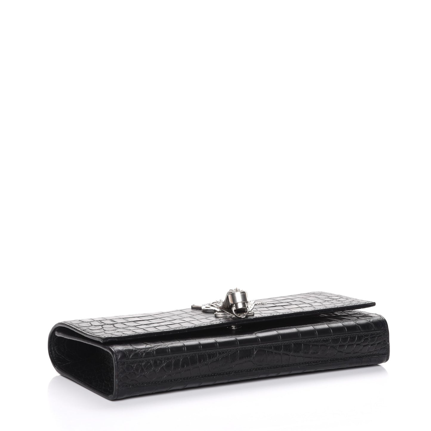 Calfskin Crocodile Embossed Classic Monogram Tassel Clutch Black