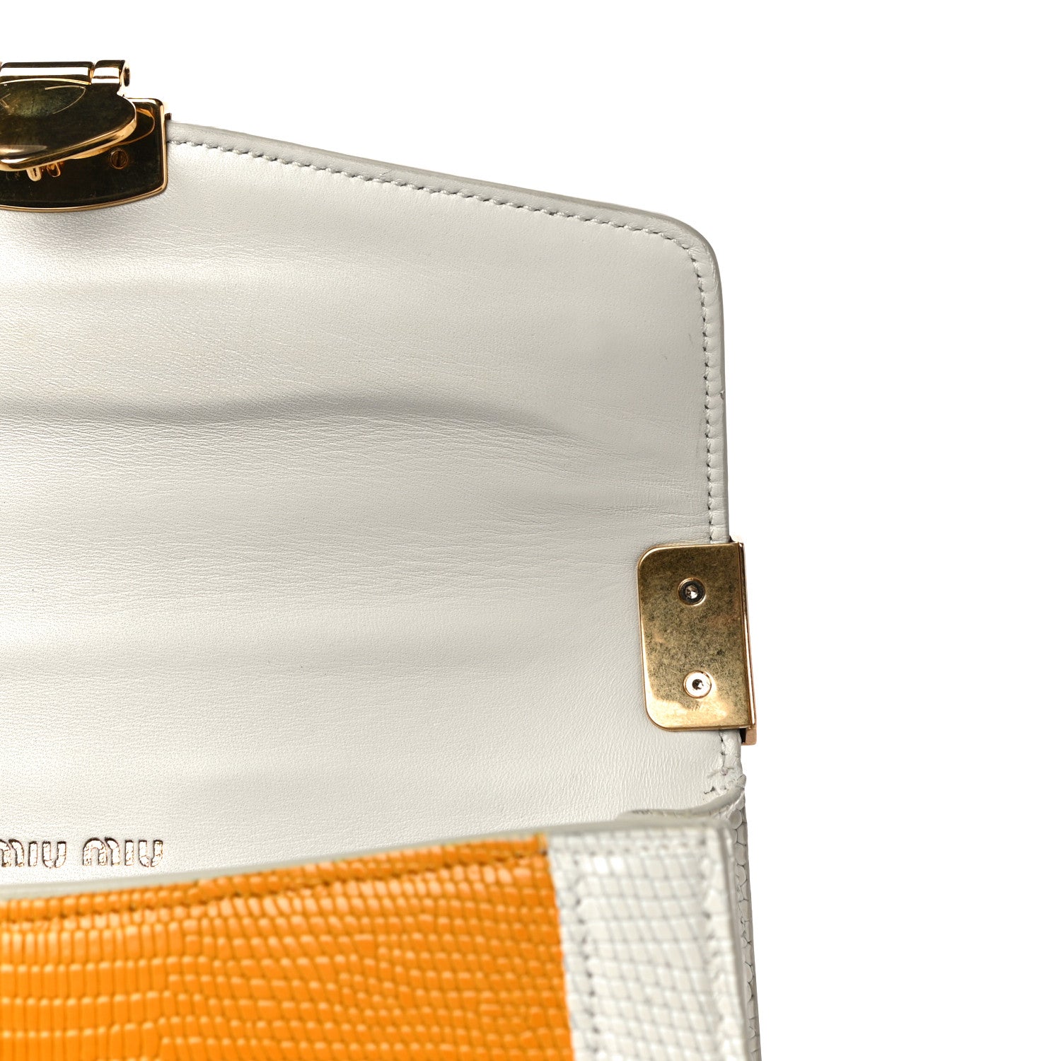 Miu Miu Calfskin Lizard Embossed Flap Bag Yellow White 10 of 11