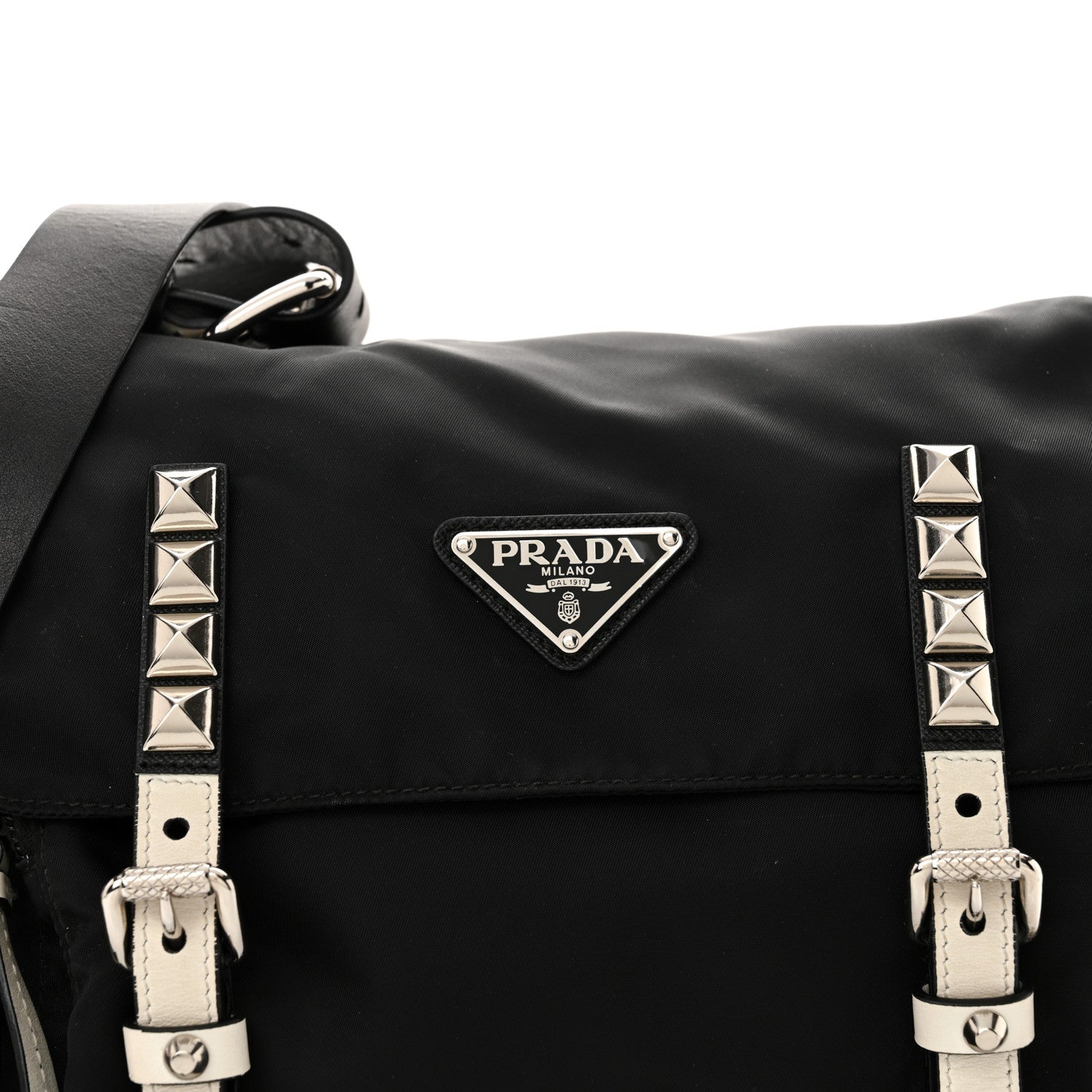 Prada Nylon New Vela Studded Messenger Black White Black White 8 of 15