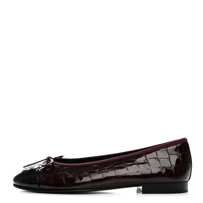 Chanel Patent Calfskin Crocodile Embossed Ballerina Flats 37.5 Dark Burgundy Black 1 of 10