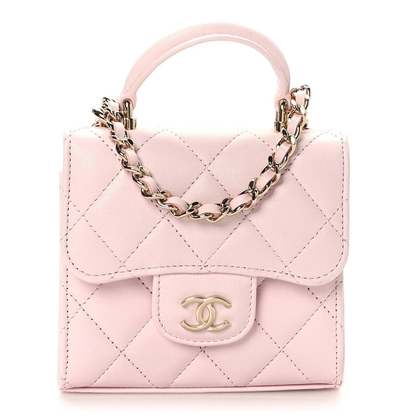 Lambskin Quilted Top Handle Clutch With Chain Light Pink