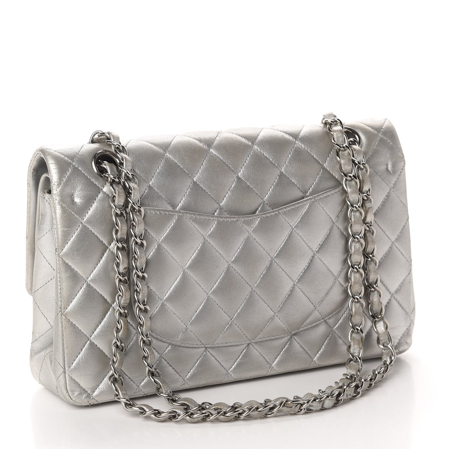 Metallic Lambskin Quilted Medium Double Flap Dark Grey