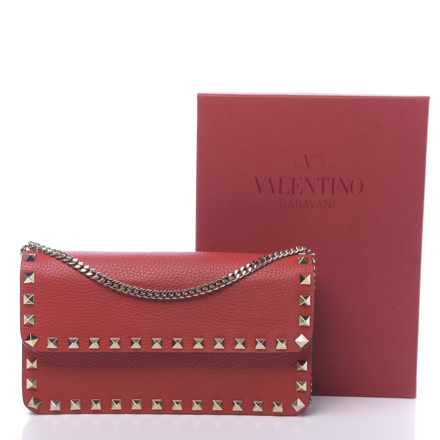 Valentino Garavani Pebbled Calfskin Rockstud Flap Wallet On Chain Rouge Pur 10 of 10