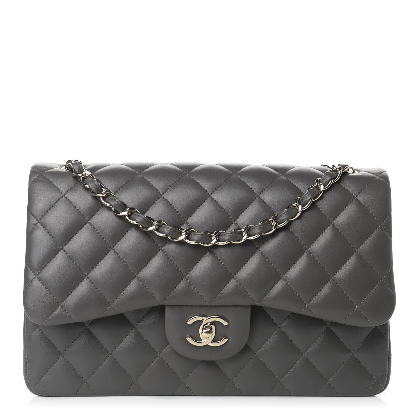 Lambskin Quilted Jumbo Double Flap Grey