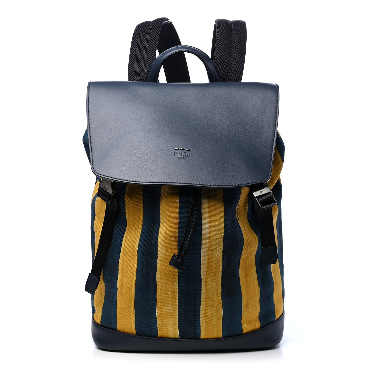 Fendi Canvas Calfskin Striped Drawstring Backpack Midnight Blue Yellow 1 of 9