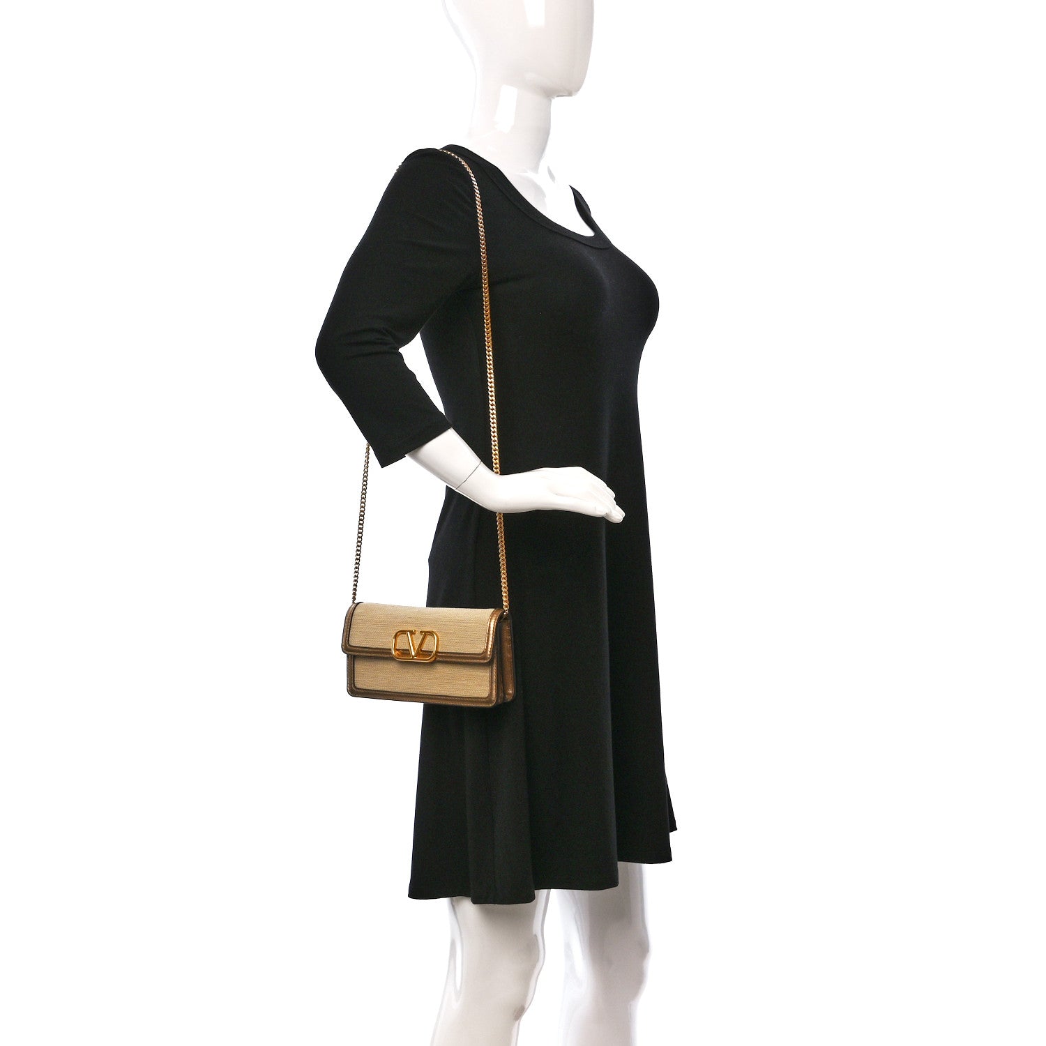 Valentino Garavani Raffia VLogo Wallet on Chain Gold 2 of 12