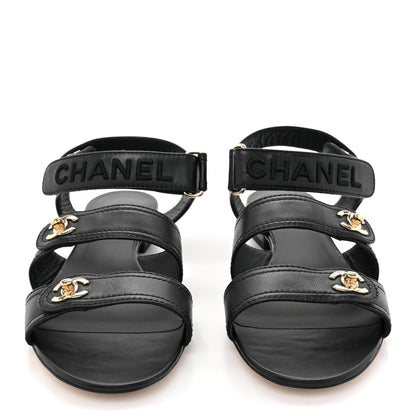 Chanel Lambskin Logo CC Turnlock Sandals 37 Black 2 of 9