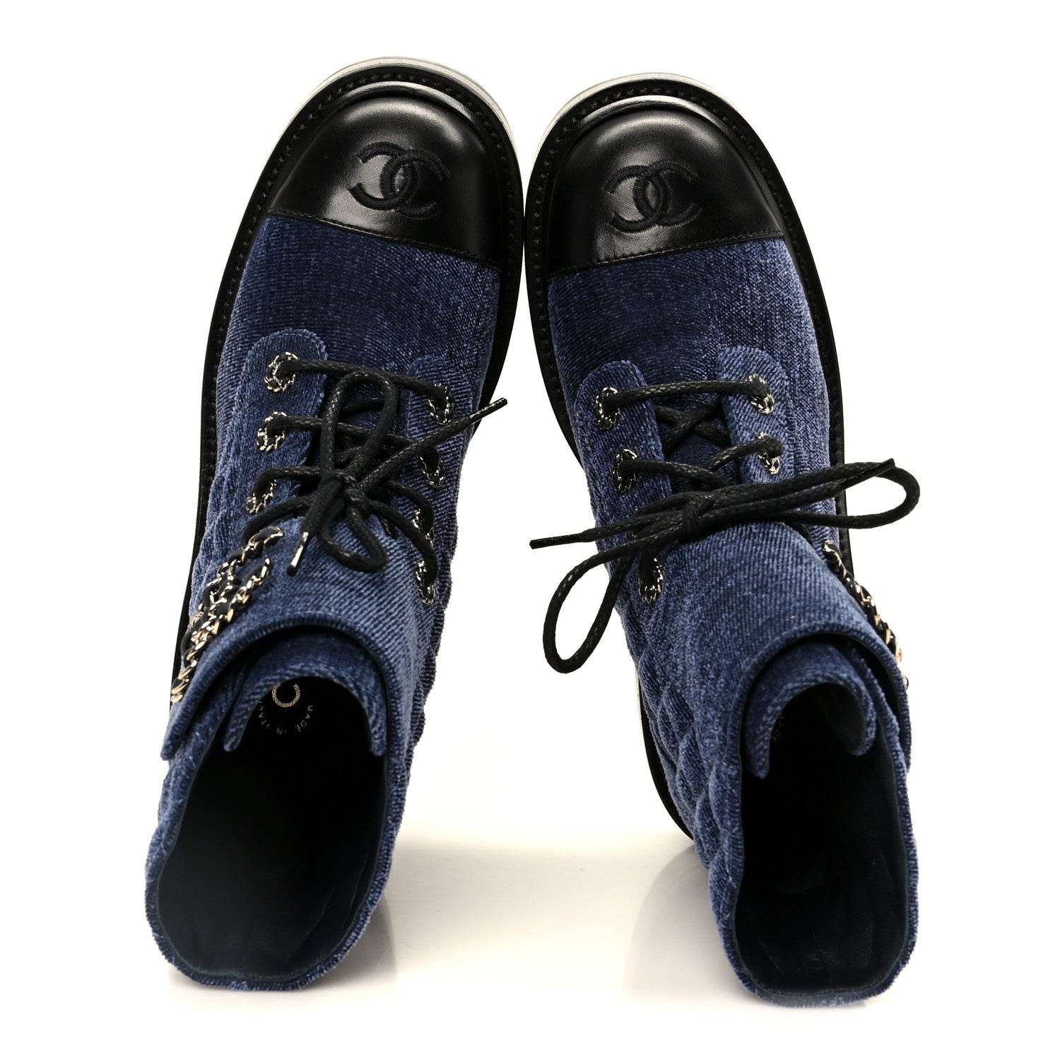 Chanel Shiny Calfskin Velvet Quilted Lace Up Combat Boots 37 Blue 2 of 11