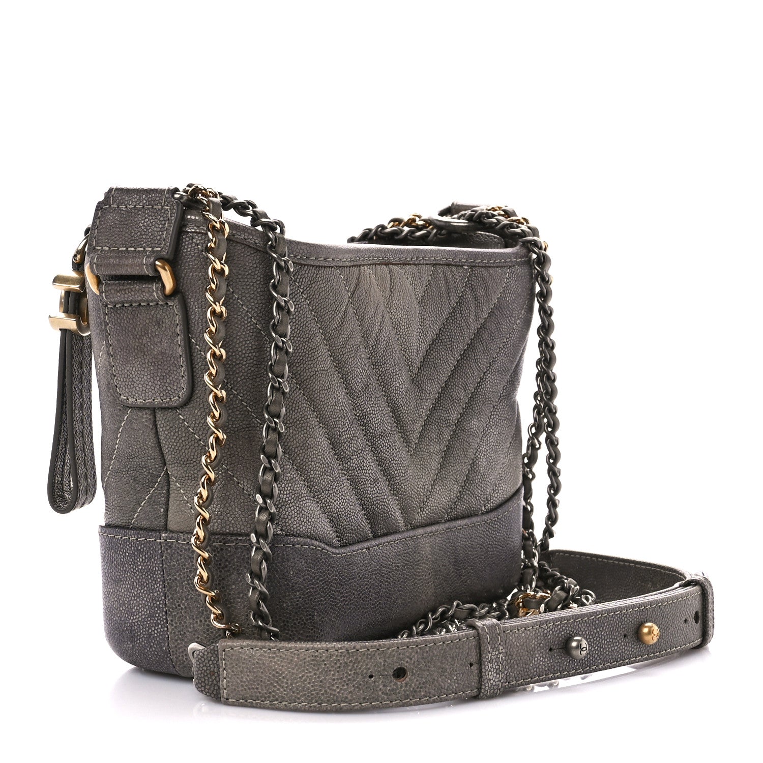 Chanel Metallic Caviar Chevron Quilted Small Gabrielle Hobo Light Silver Gold 3 of 10