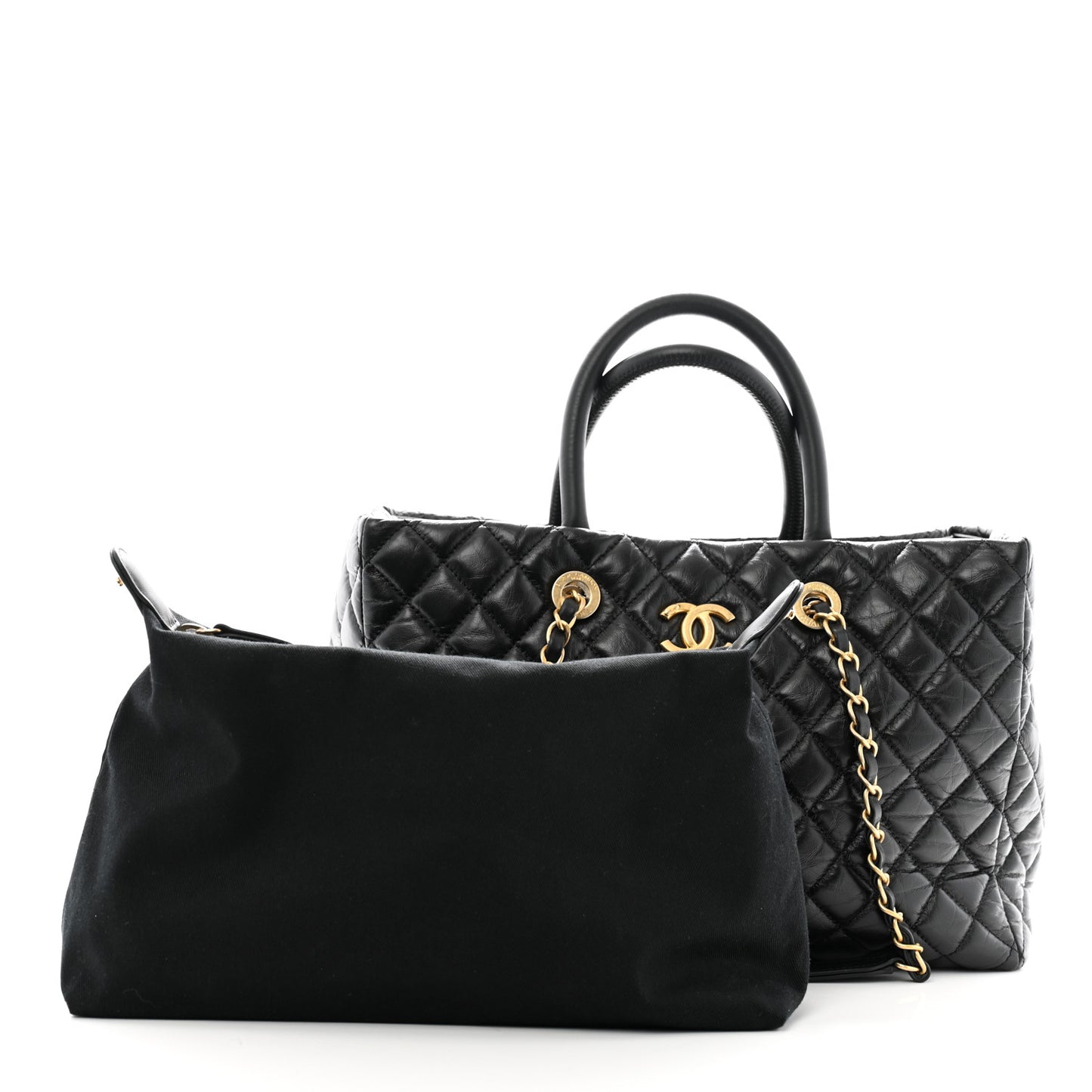 Aged Calfskin Quilted Large Coco Handle Shopping Tote Black
