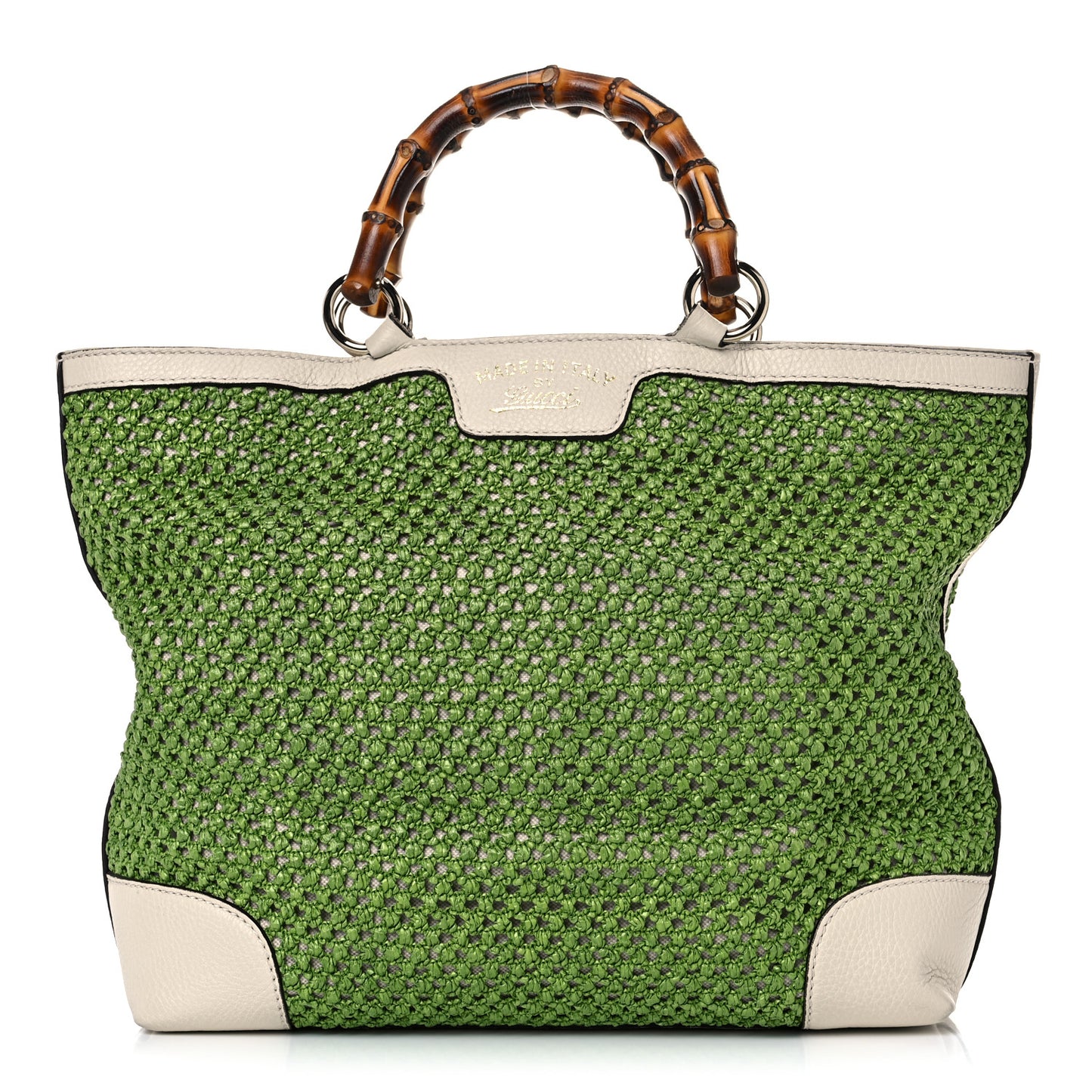 Straw Calfskin Bamboo Shopper Tote Green