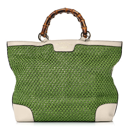 Gucci Straw Calfskin Bamboo Shopper Tote Green 1 of 17