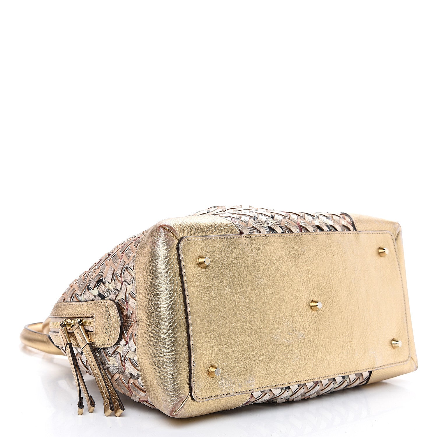 Burberry Metallic Woven Haymarket Check Thornley Satchel Gold 3 of 12