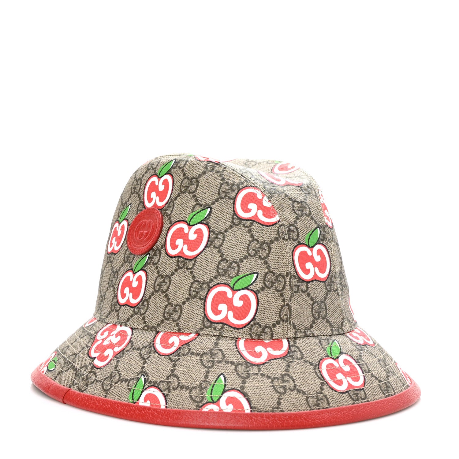 Gucci GG Supreme Monogram Apple Textured Dollar Calfskin Retro Interlocking G Fedora Pomme Bucket Hat XS Beige Ebony Red 1 of 8