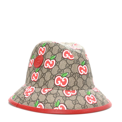Gucci GG Supreme Monogram Apple Textured Dollar Calfskin Retro Interlocking G Fedora Pomme Bucket Hat XS Beige Ebony Red 1 of 8