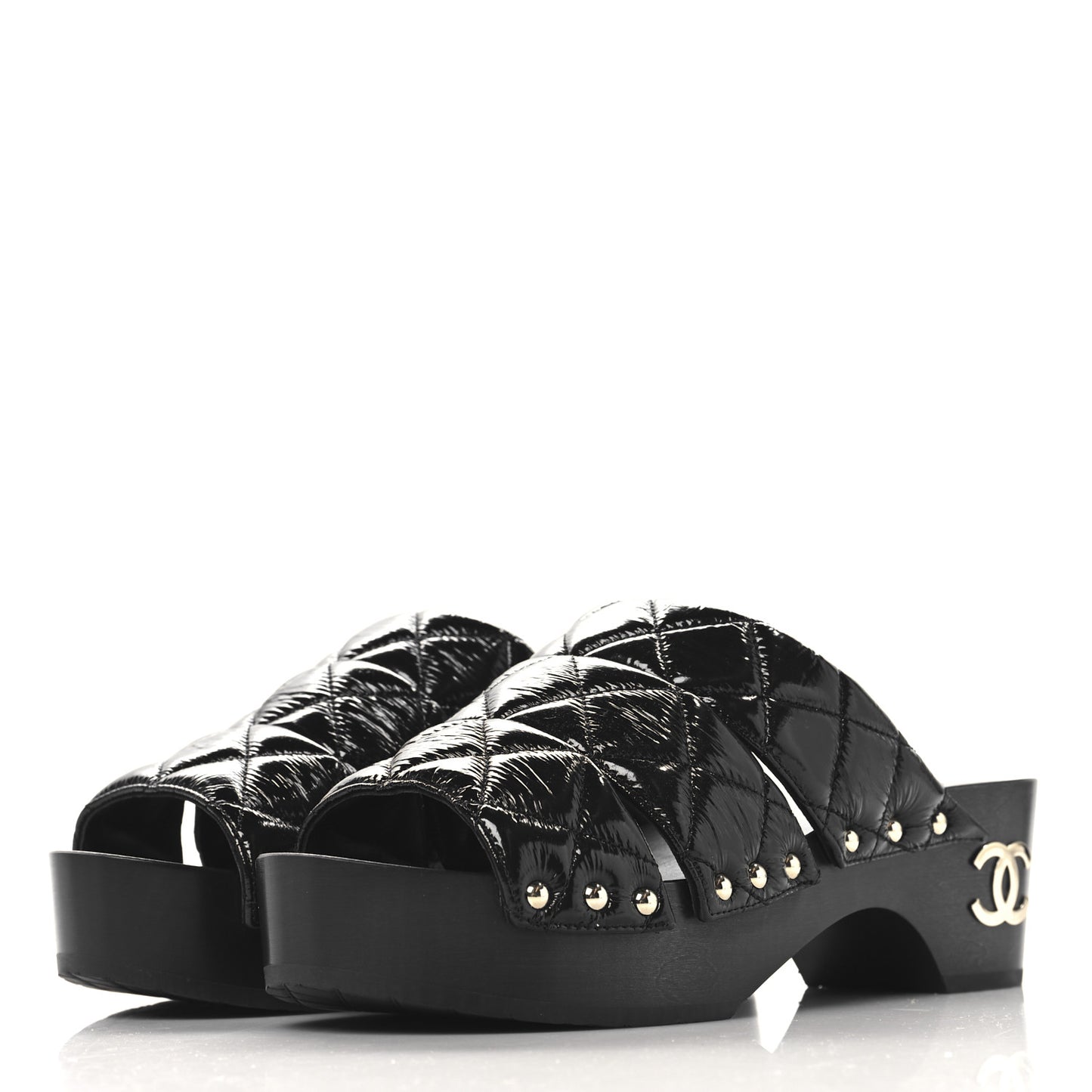 Patent Lambskin Quilted CC Clogs 38 Black