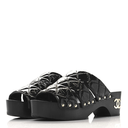 Chanel Patent Lambskin Quilted CC Clogs 38 Black 4 of 9