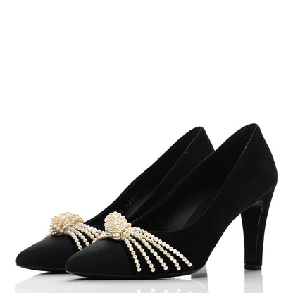 Chanel Suede Pearl Grosgrain Pumps 38 Black 3 of 10