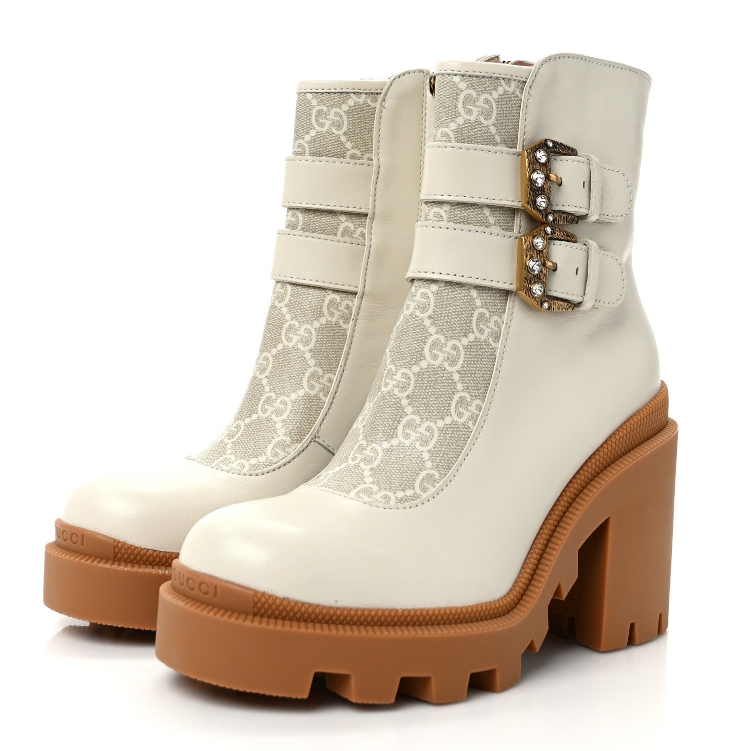 Gucci Kensington Calfskin Nappa GG Supreme Monogram Womens Double Buckle Ankle Boots 35 Mystic White Beige 3 of 9