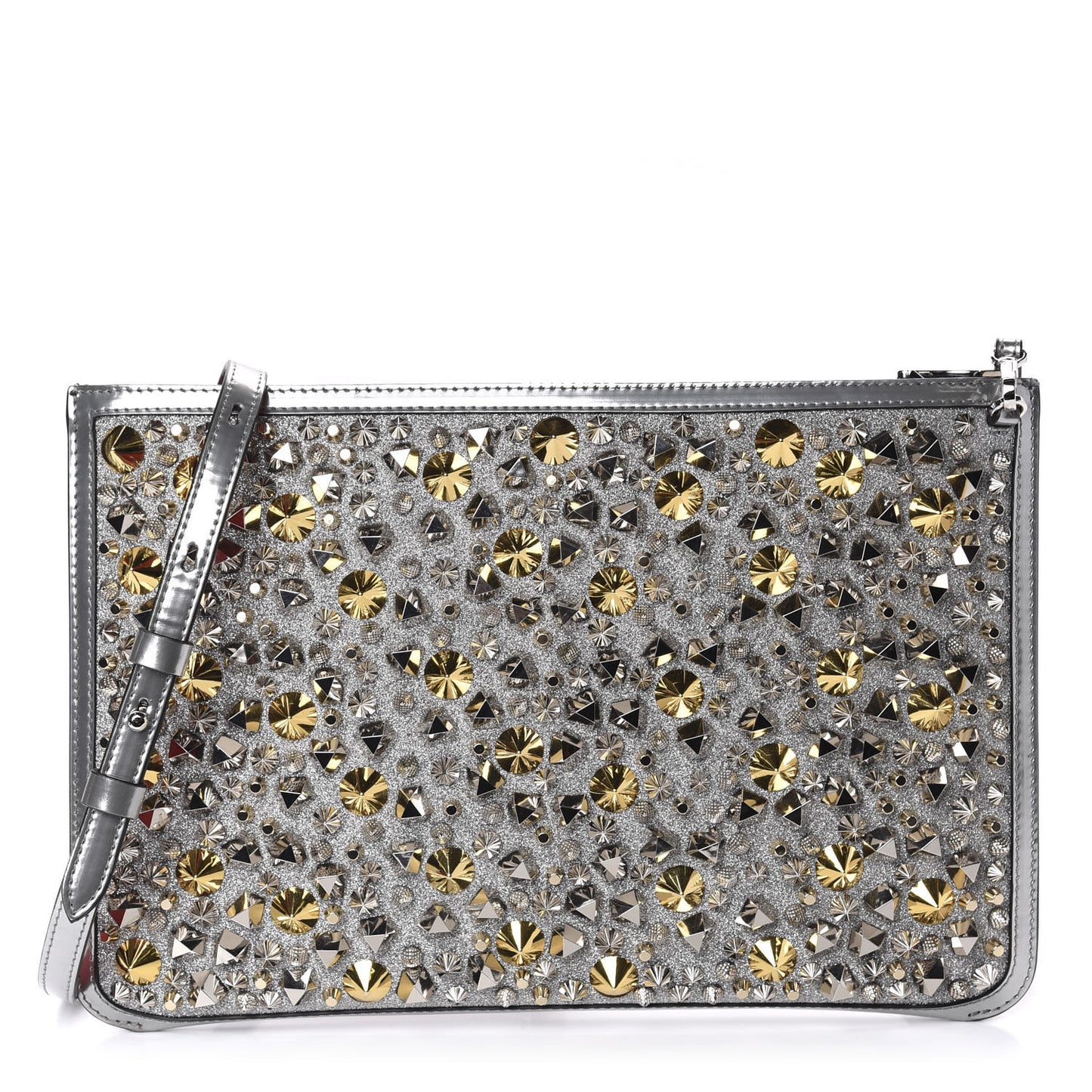 Patent Calfskin Glitter Studded Loubiclutch Crossbody Clutch Silver
