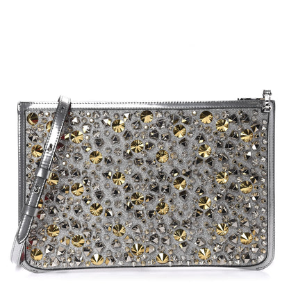 Christian Louboutin Patent Calfskin Glitter Studded Loubiclutch Crossbody Clutch Silver 1 of 9