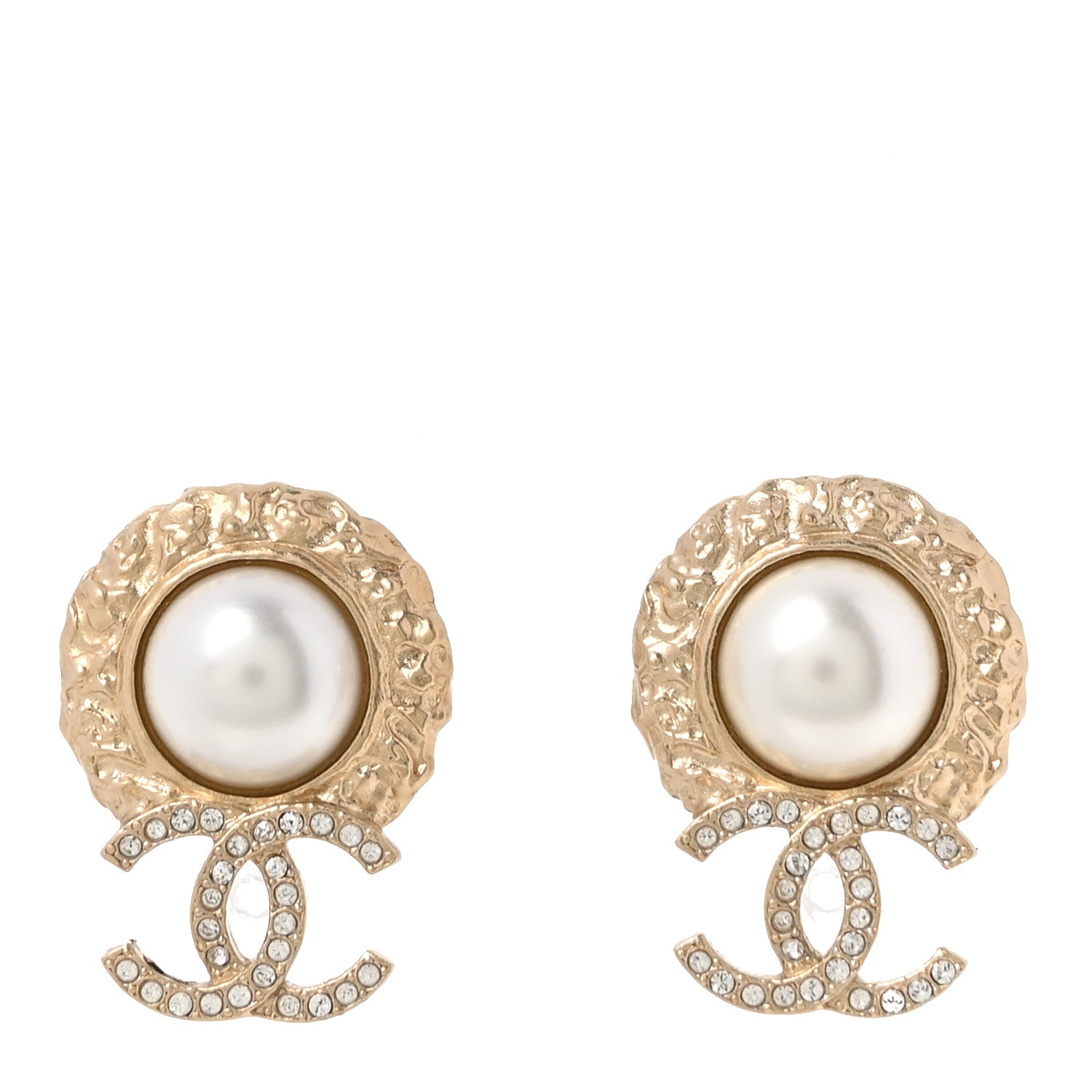 Chanel Crystal Pearl Textured CC Round Drop Earrings Gold 1 of 5