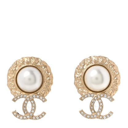 Chanel Crystal Pearl Textured CC Round Drop Earrings Gold 1 of 5