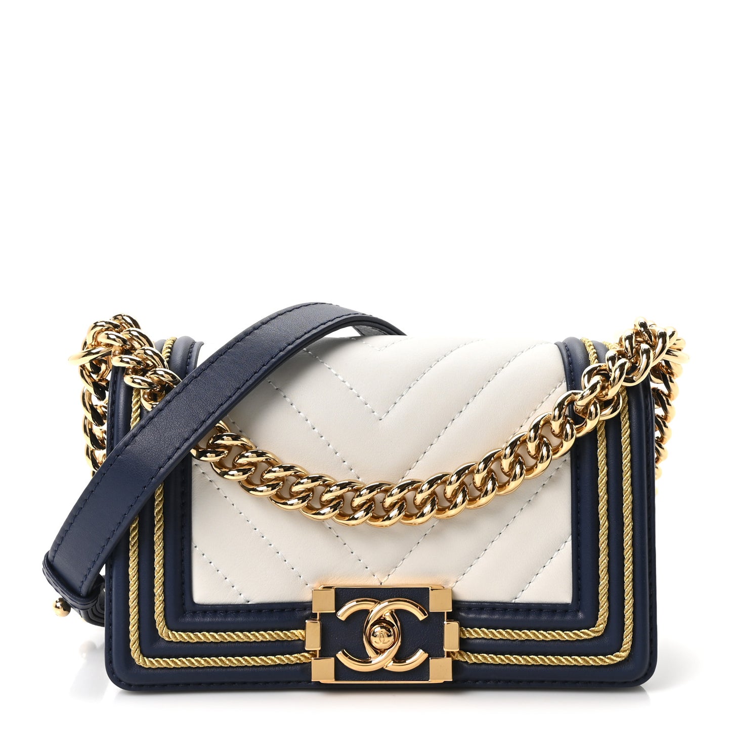 Calfskin Chevron Quilted Braided Small Boy Flap White Navy