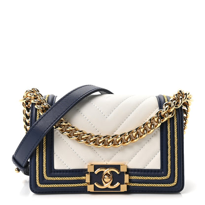 Chanel Calfskin Chevron Quilted Braided Small Boy Flap White Navy 1 of 11