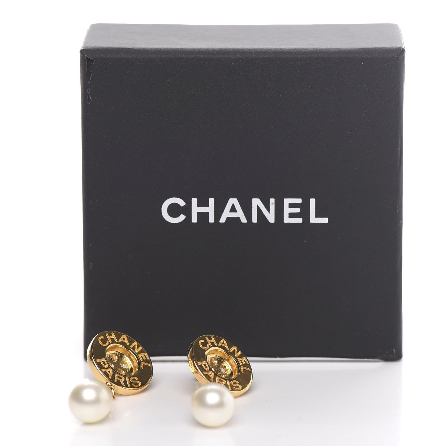Chanel Metal Pearl Paris Button Drop Earrings Gold 5 of 5