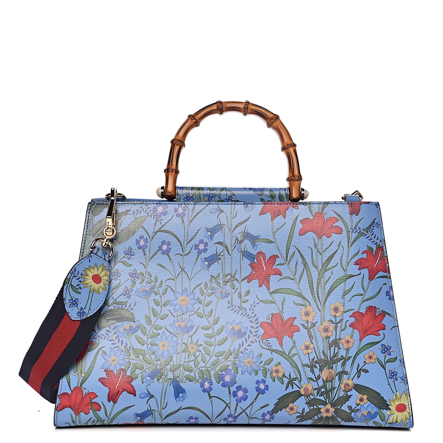 Gucci Calfskin Bamboo Web New Flora Medium Nymphaea Top Handle Bag Azure 1 of 12