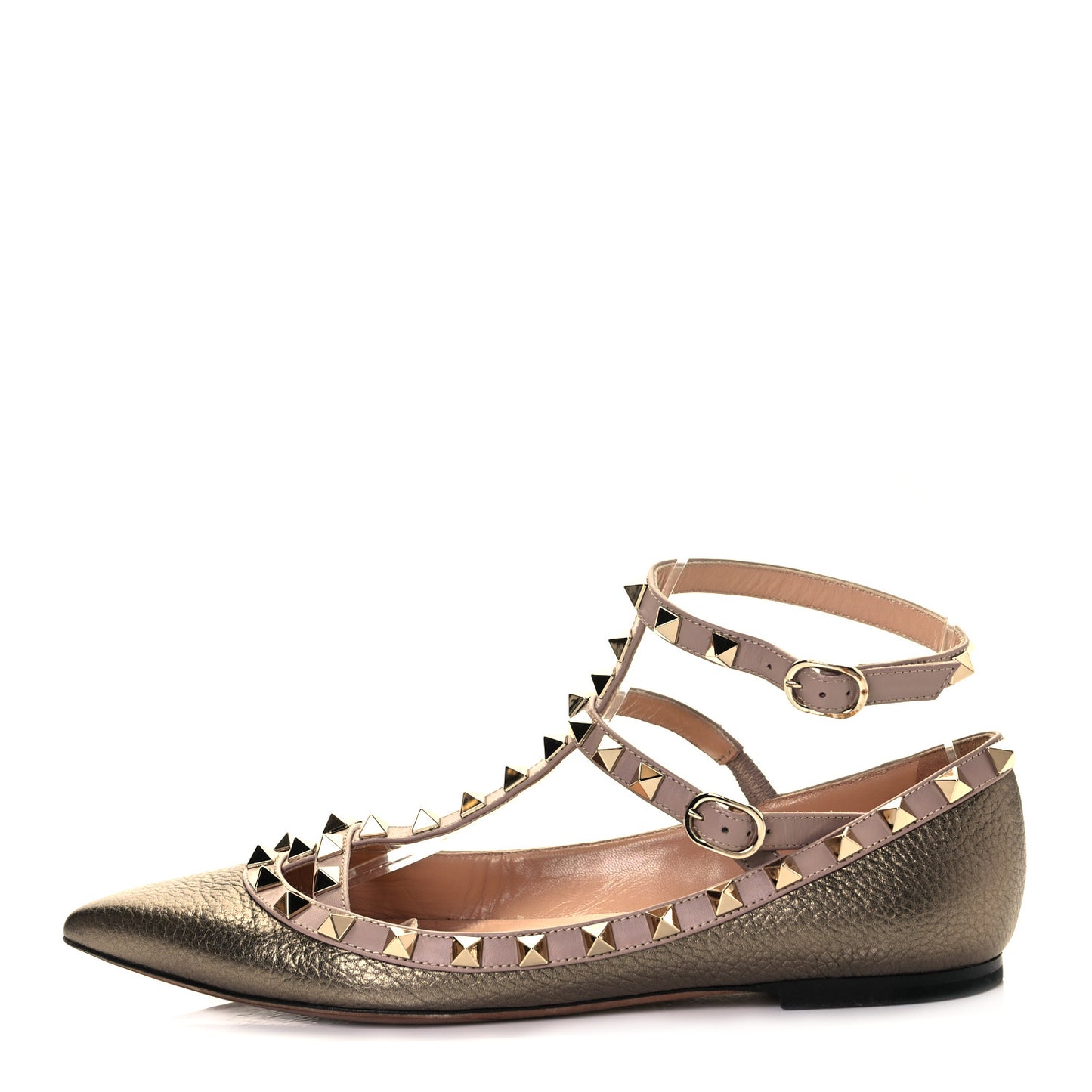Metallic Pebbled Calfskin Rockstud Cage Ballerina Flats 37 Sasso Poudre