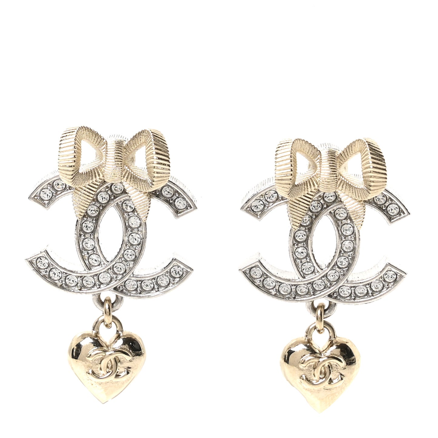 Crystal CC Bow Heart Pendant Earrings Silver Gold