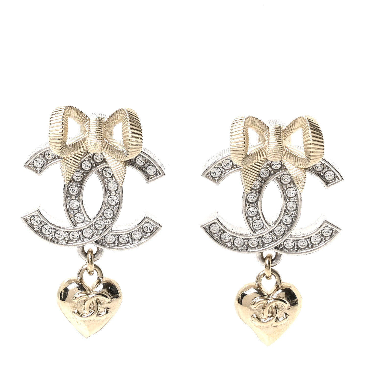 Chanel Crystal CC Bow Heart Pendant Earrings Silver Gold 1 of 5