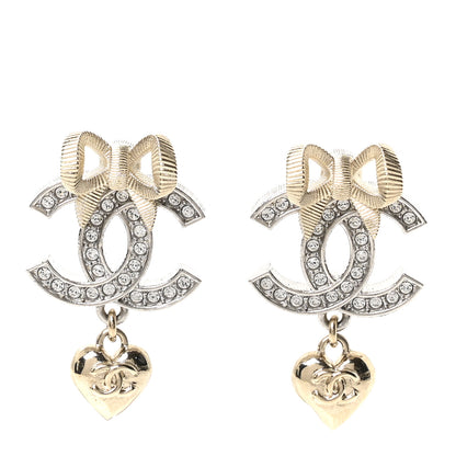 Chanel Crystal CC Bow Heart Pendant Earrings Silver Gold 1 of 5
