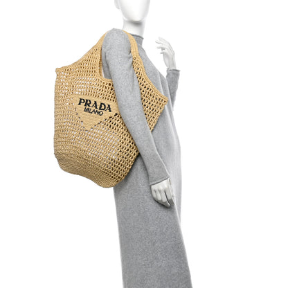 Prada Yarn Raffia Effect Crochet Logo Embroidered Shopping Tote Bag Naturale 2 of 10